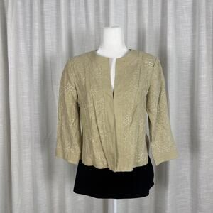 Axcess Jacket Womens 14 Beige Embroidered Linen Blend Collarless 3/4 Sleeve